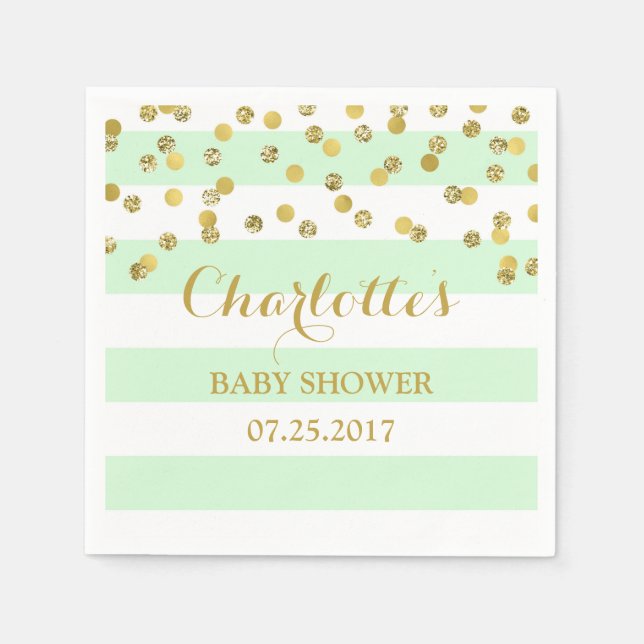 Mint Green Stripes Gold Confetti Baby Shower Napkins (Front)