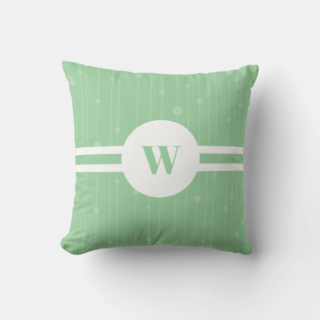 Mint green stripes pattern round frame monogram throw pillow (Front)