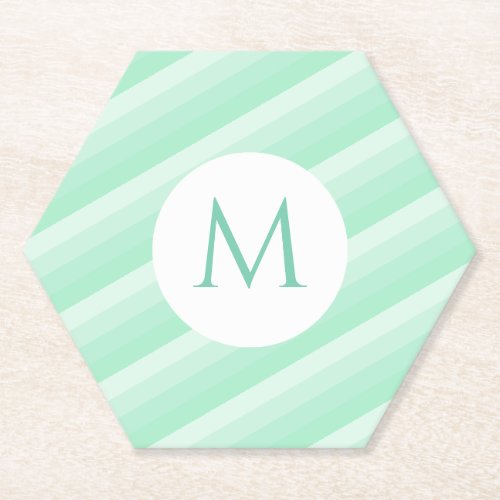 Mint Green Stripes Personalized Modern Monogram Paper Coaster