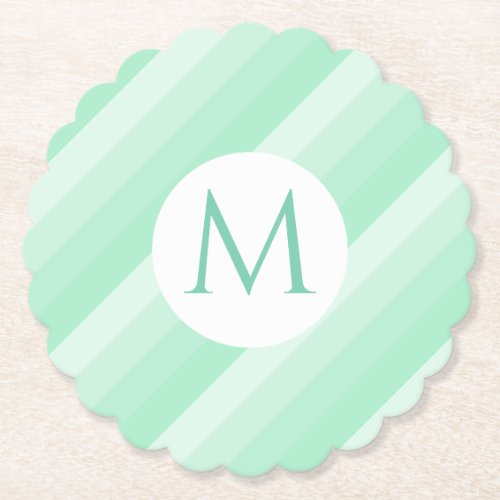 Mint Green Stripes Trendy Modern Monogram Template Paper Coaster