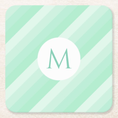 Mint Green Stripes Trendy Monogram Modern Template Square Paper Coaster