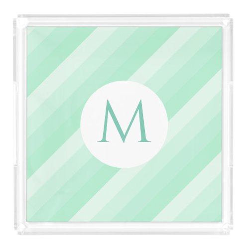 Mint Green Stripes Trendy Template Modern Monogram Acrylic Tray
