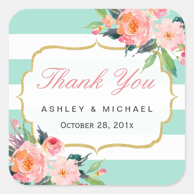 Mint Green Stripes Watercolor Floral Thank You Square Sticker
