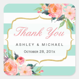 Mint Green Stripes Watercolor Floral Thank You Square Sticker