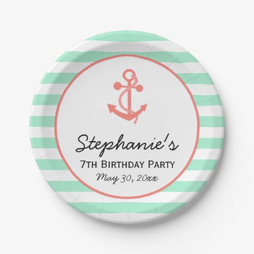 Mint Green Stripes with Coral Pink Anchor Birthday Paper Plates