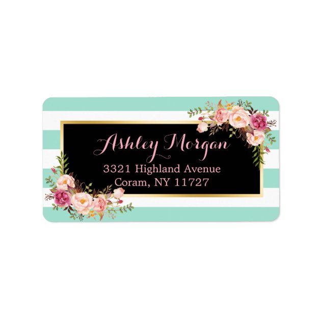Mint Green Stripes With Pink Floral Decor Label