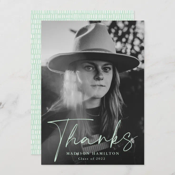 Mint Green Stylish Script Photo Graduation Thank You Card Zazzle