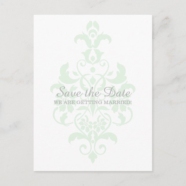 Mint Green Subtle Damask Save the Date Postcard (Front)