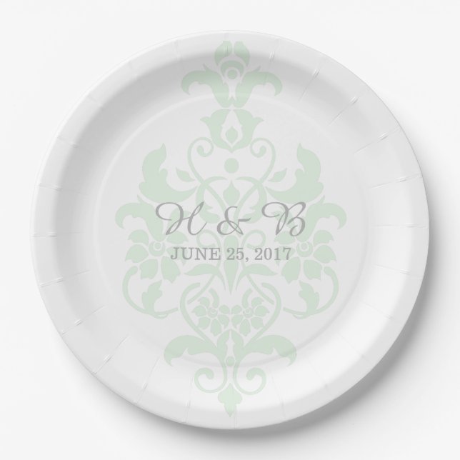Mint Green Subtle Damask Wedding Paper Plates (Front)
