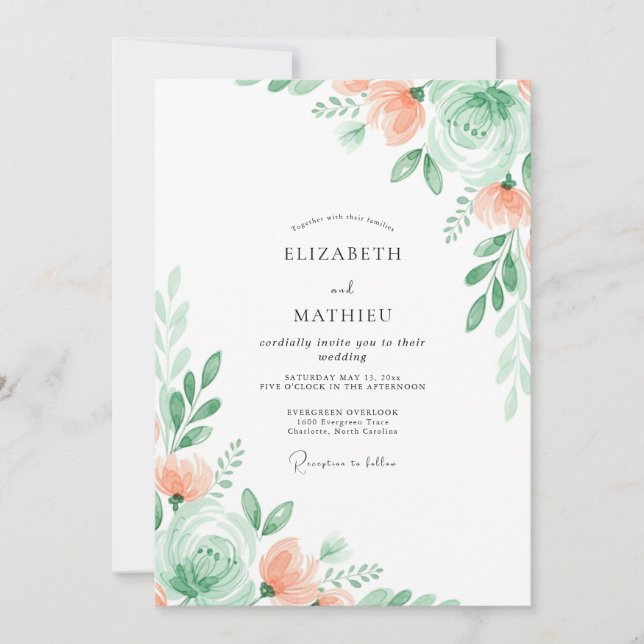 Mint Green Subtle Floral Wedding Invitation (Front)