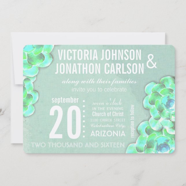 Mint Green Succulent Modern Wedding Invitation (Front)