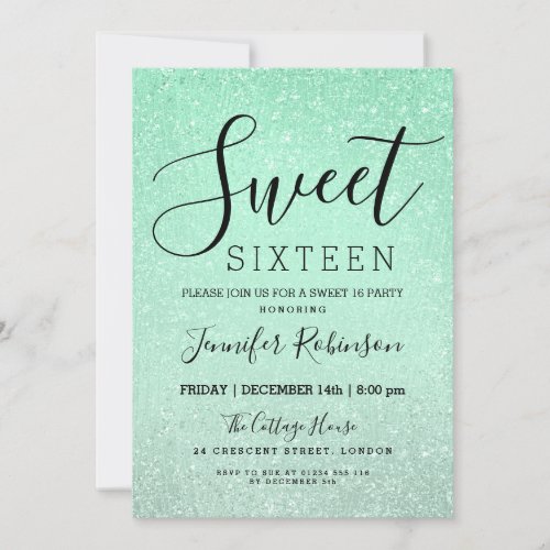 Mint Green Sweet 16 Birthday Glitter Look Paint Invitation