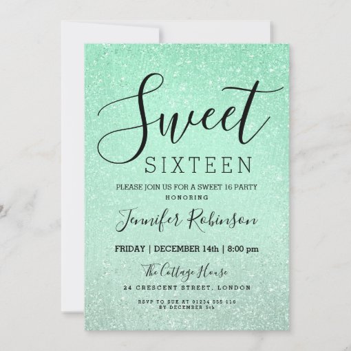 Mint Green Sweet 16 Birthday Glitter Look Paint Invitation Zazzle