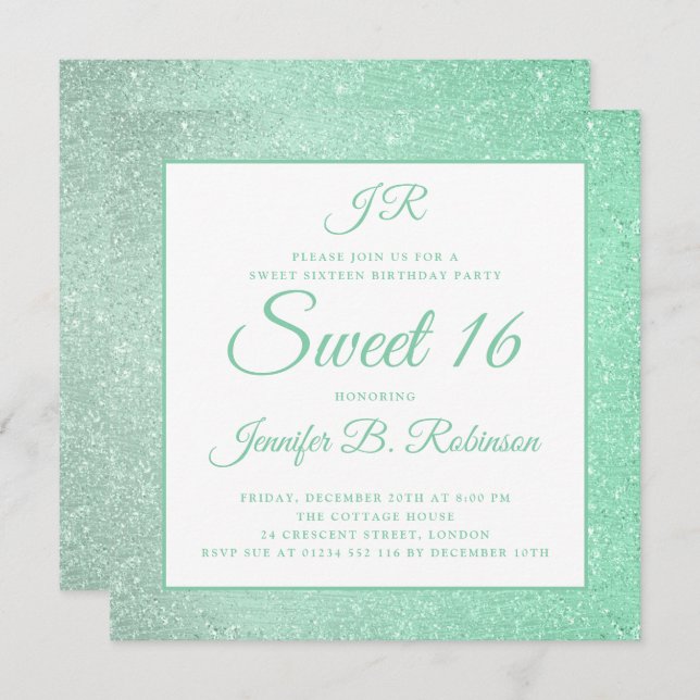 Mint Green Sweet 16 Birthday Monogram Glitter Invitation (Front/Back)