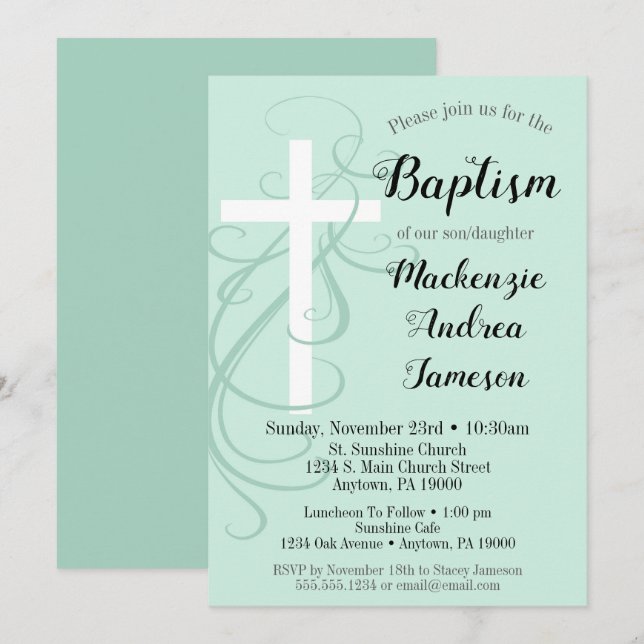 Mint Green Swirl Cross Baptism Invitation Girl Boy (Front/Back)