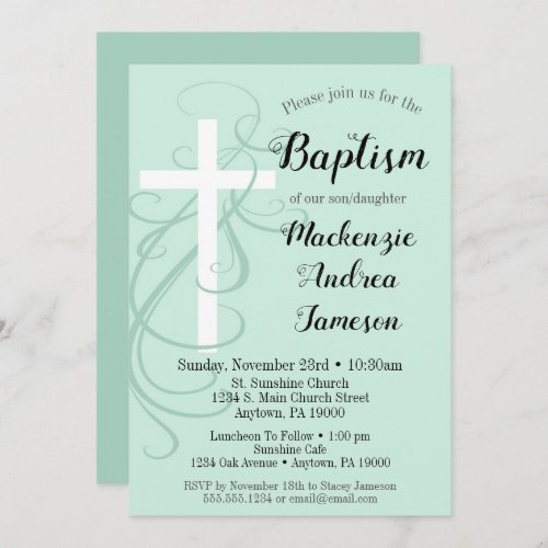 Mint Green Swirl Cross Baptism Invitation Girl Boy