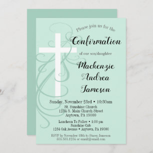 Mint Green Swirl Cross Confirmation Invitation