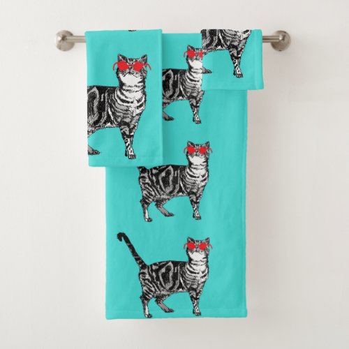 Mint Green Tabby Cat Cats Boys Sunglasses Cool Bath Towel Set