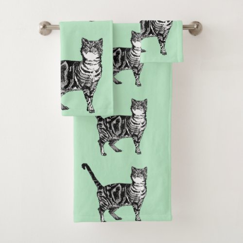 Mint Green Tabby Cat Cats Girls Art Towel Set