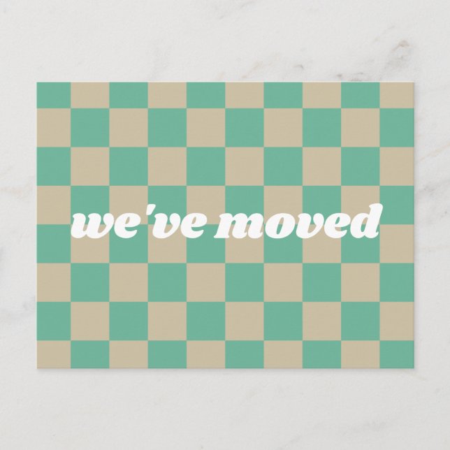 Mint Green Tan Checkerboard Retro We've Moved Postcard (Front)