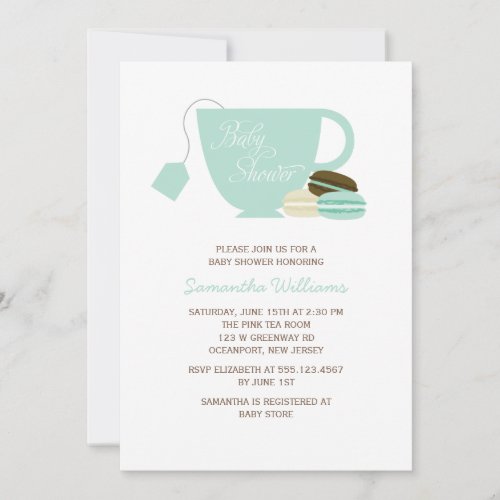 Mint Tea Cup and Macarons Baby Shower Custom Invitations