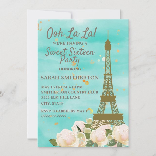 Mint Green Teal Blue Gold Eiffel Tower Sweet 16 Invitation (Front)