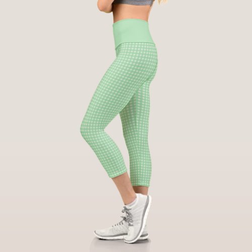 Mint Green Teal Gingham Plaid Checkered Pattern Capri Leggings