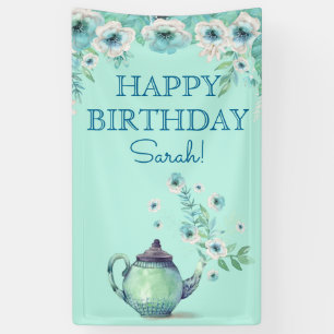 Mint Green Teapot Watercolor Flowers Aqua Teal Banner
