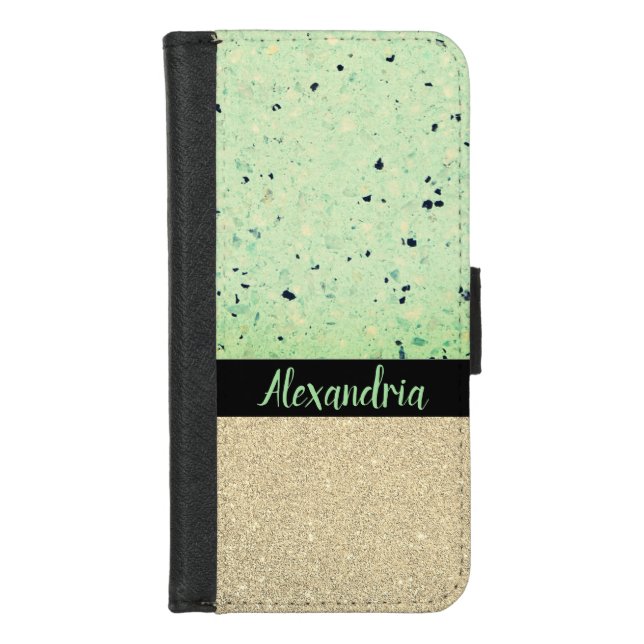 Mint Green Terrazzo Sparkly Personalized    iPhone Wallet Case (Front)
