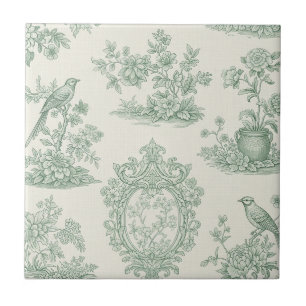 Mint Green Toile Floral and Bird Pattern Ceramic Tile