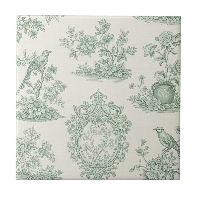Mint Green Toile Floral and Bird Pattern Ceramic Tile (Front)