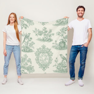 Mint Green Toile Floral and Bird Pattern Fleece Blanket