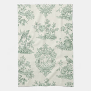 Mint Green Toile Floral and Bird Pattern Kitchen Towel