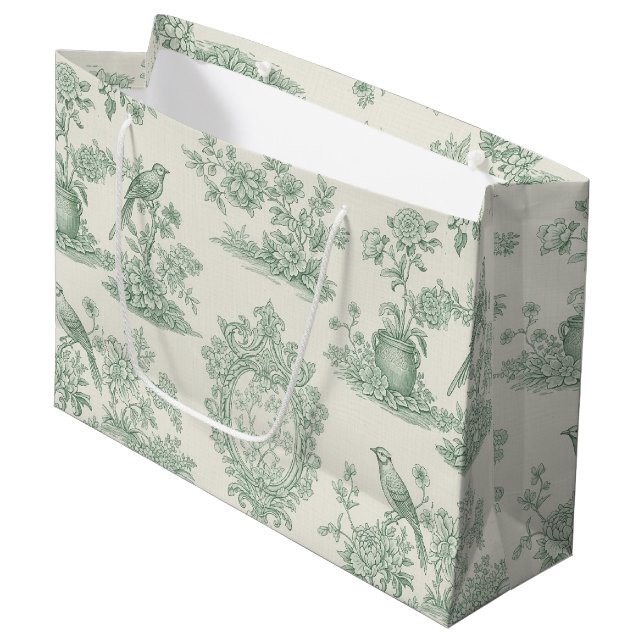 Mint Green Toile Floral and Bird Pattern Large Gift Bag (Front Angled)