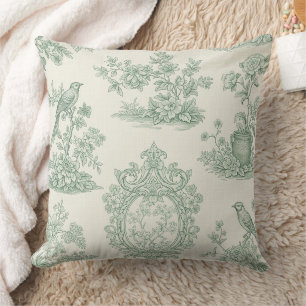 Mint Green Toile Floral and Bird Pattern Throw Pillow