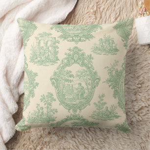 Mint Green Toile Vintage Couples and Garden Scene Throw Pillow