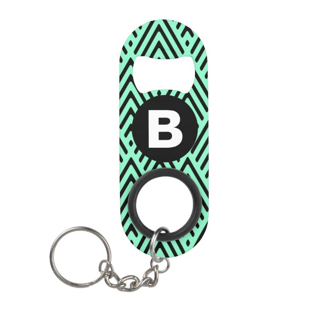 Mint Green Trendy Chevron Pattern Monogram Keychain Bottle Opener (Front)
