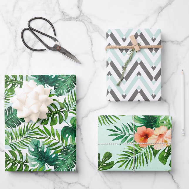 Mint Green Tropical Leaves and Geometric Pattern Wrapping Paper Sheets (Front)