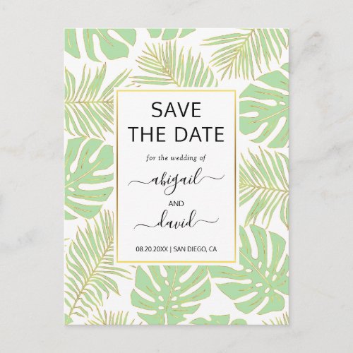 Mint green tropical leaves wedding Save the Date Announcement Postcard