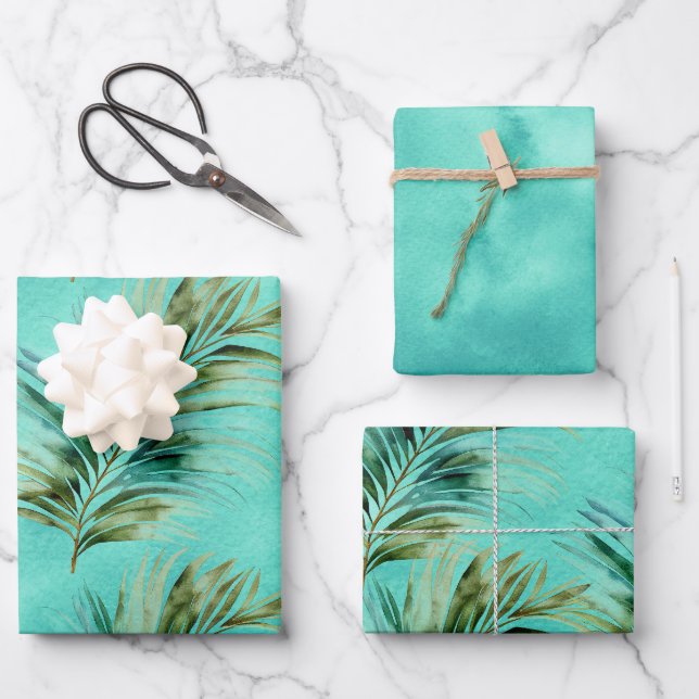 Mint Green Tropical Leaves Wrapping Paper Sheets (Front)