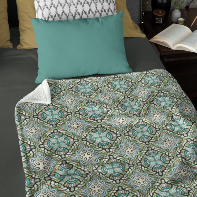 Mint Green Turquoise Hip Bohemian Bali Art Motif Fleece Blanket (Creator Uploaded)
