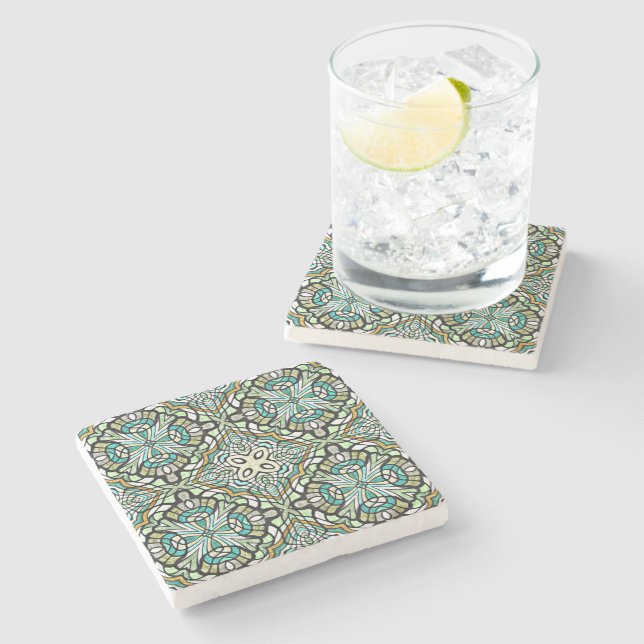 Mint Green Turquoise Hip Bohemian Bali Art Motif Stone Coaster (Side)