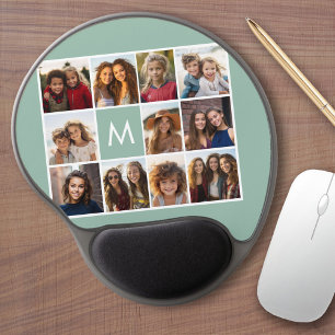 Mint Green Unique Photo Collage Custom Monogram Gel Mouse Pad