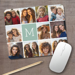 Mint Green Unique Photo Collage Custom Monogram Mouse Pad