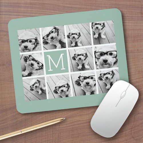 Mint Green Unique Photo Collage Custom Monogram Mouse Pad