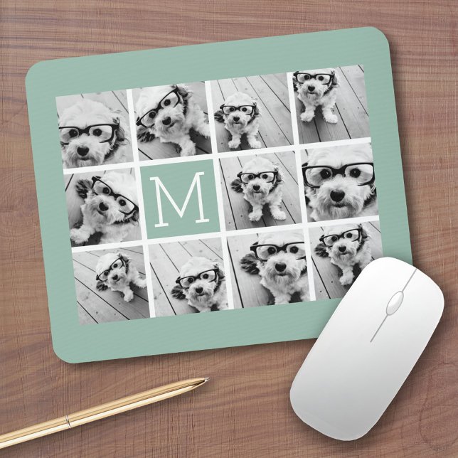 Mint Green Unique Photo Collage Custom Monogram Mouse Pad (Personalized mousepad - Add Photos and Custom Text)