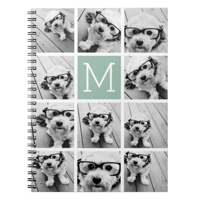 Mint Green Unique Photo Collage Custom Monogram Notebook (Front)