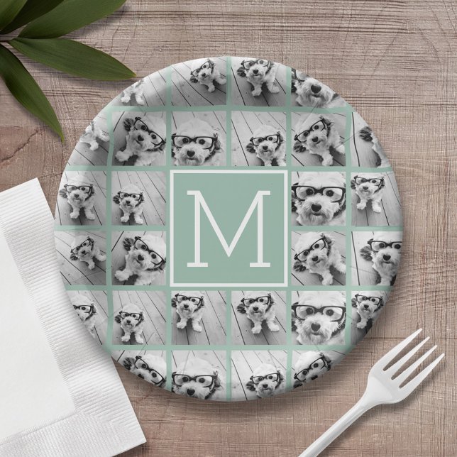 Mint Green Unique Photo Collage Custom Monogram Paper Plates (Personalized birthday plate with monogram and photo collage)