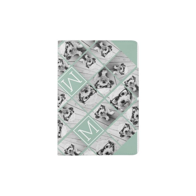 Mint Green Unique Photo Collage Custom Monogram Passport Holder (Front)