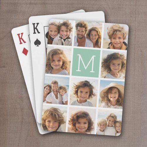 Mint Green Unique Photo Collage Custom Monogram Poker Cards